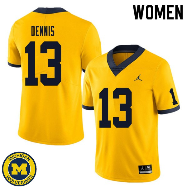 Women Michigan Wolverines #13 Eamonn Dennis Yellow Player Jersey